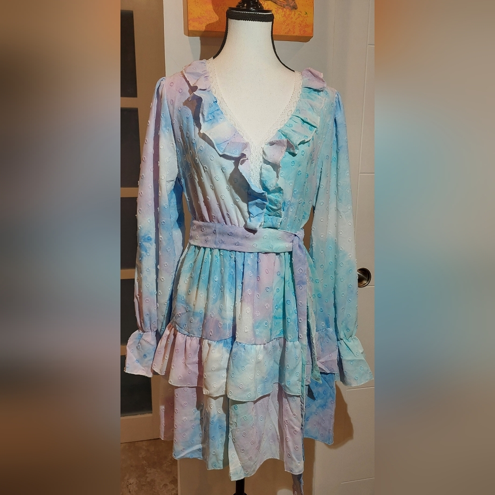 Simply Southern Pastel Tie-Dye Ruffle Wrap Dress in Blue and Purple